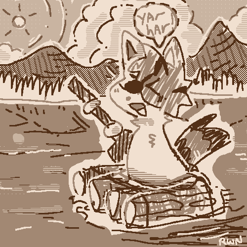 a chibi eyepatch-wearing cat on a raft. they are paddling through a lake with an excited expression. there are trees, mountains, and sky in the background. the drawing uses stylized hatching and sepia colors to make it look like an old ink drawing