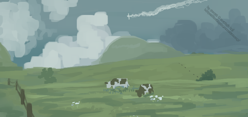two cows leisurely eat grass in a pastel green field. the blue sky stretches above them, filled with clouds. there is a fence to the left and an airplane passing overhead in the distance.