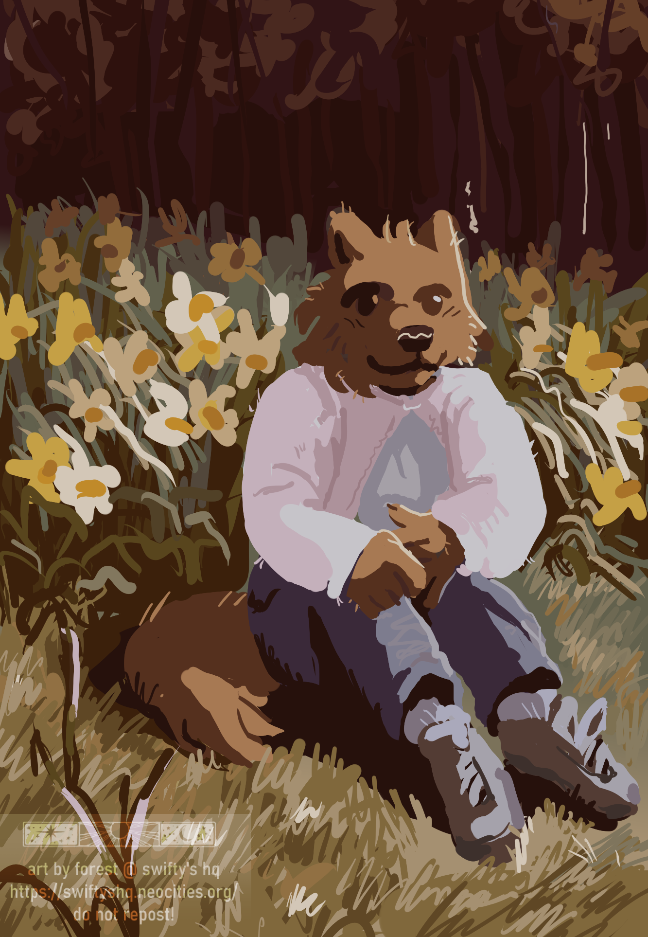 a brown canine furry sits in a warm field of daffodils. there is a dark thicket of trees in the background. the furry is smiling, and wears jeans and a light overcoat.