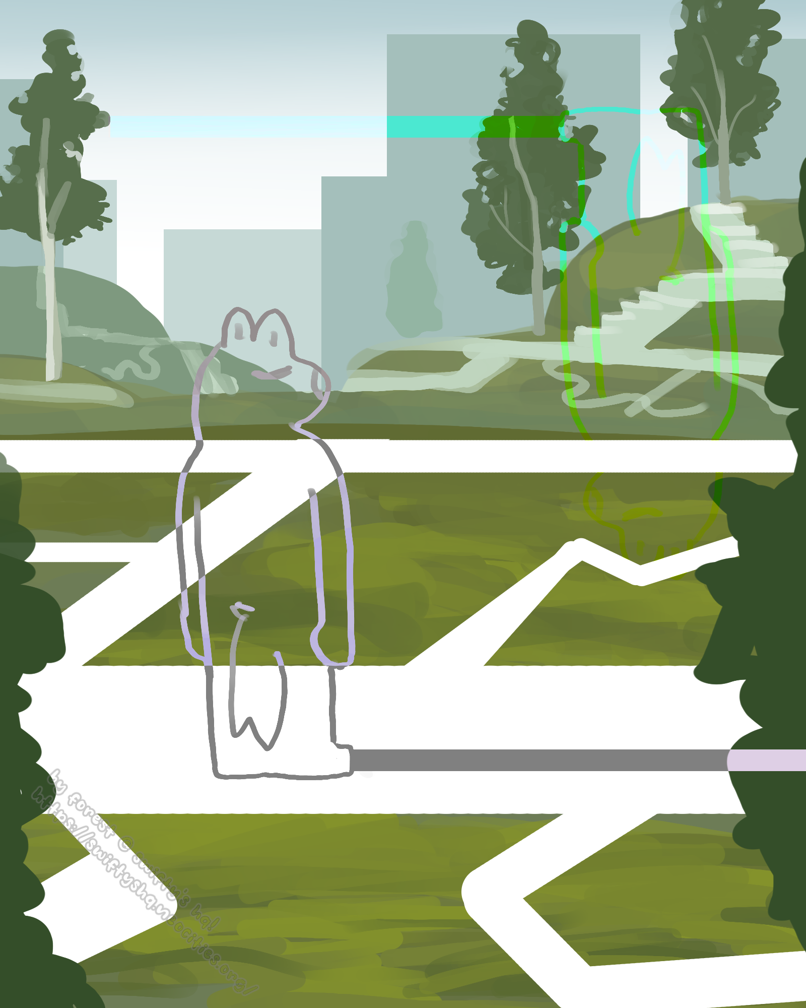 a mazelike pathway over a finely cut lawn. there are many birch trees scattered around, and tall buildings in the background. there is an outline of a furry standing in the middle of the closest pathway, facing to the right. a faint trace of its mirror image is opposite of it, flipped upside down.