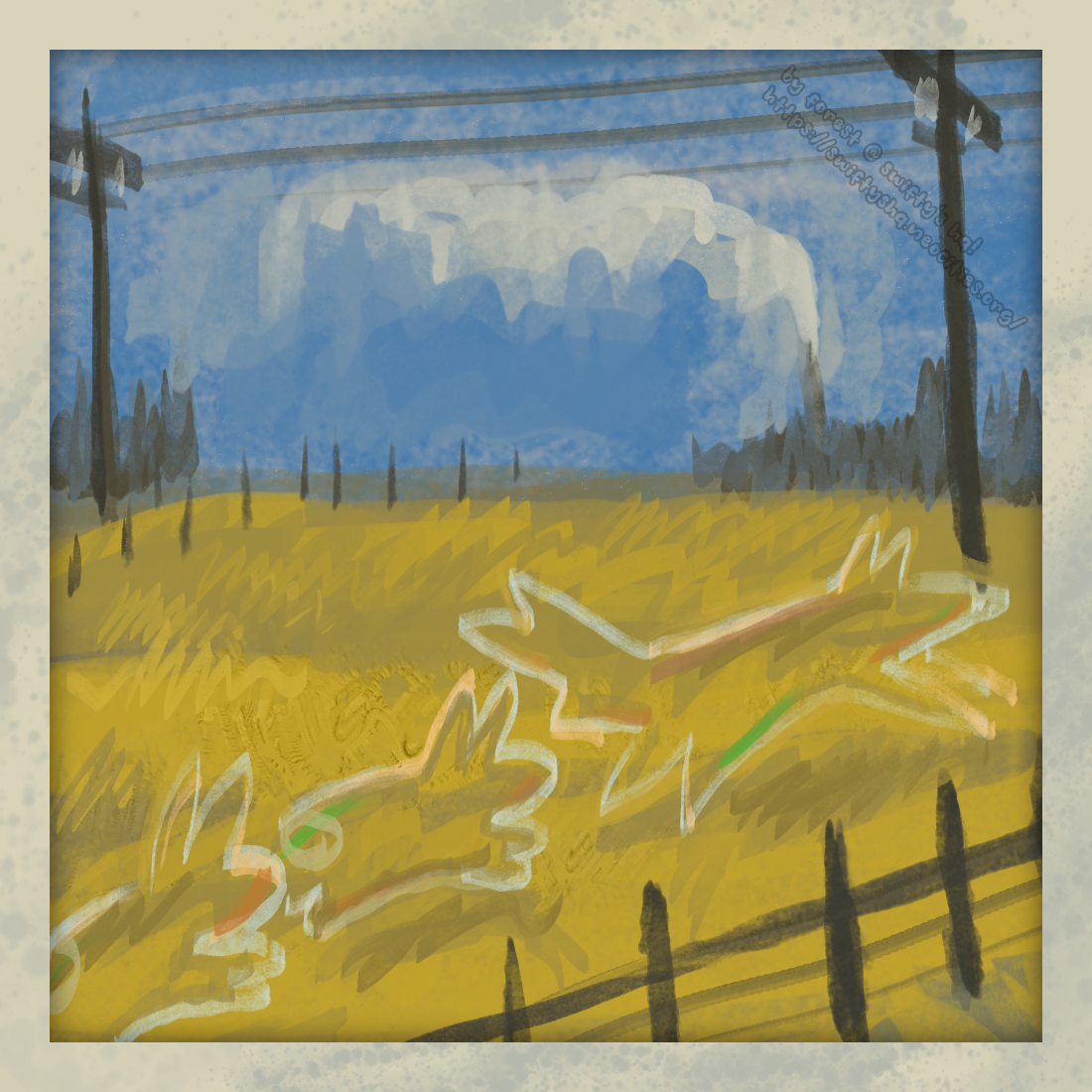 a yellow californian field. a ghostly outline of a fox is being chased by two ghostly hares in the foreground. there are telephone lines and fencing, and trees in the background, from which a pillar of smoke is rising and drifting into the blue.