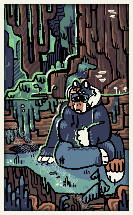 a canine furry with glasses sits in front of a fallen log. there are a variety of trees and plants in the foreground and background. the drawing has thick, angular lines, and a cool blue-green and orange palette.