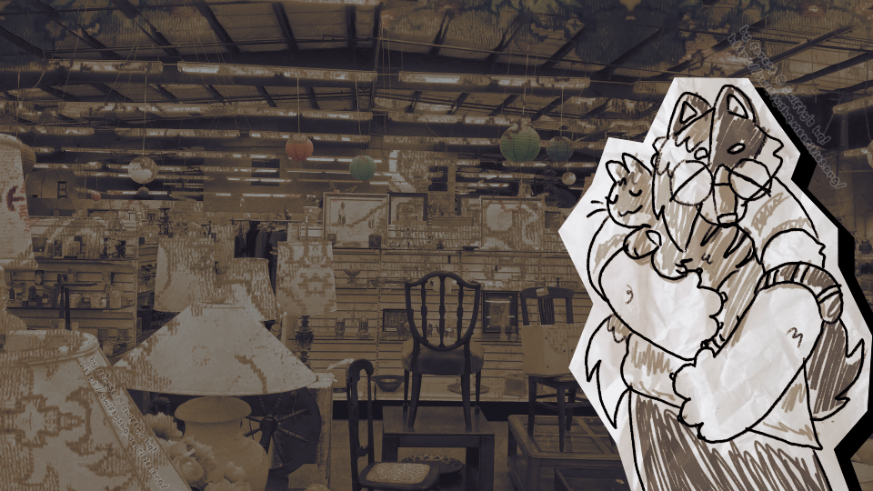 a cutout style drawing of a canine furry holding a cat. the furry's eyes, as well as the cat's, are closed peacefully. the backdrop is a photograph of a thrift shop overlayed with a fancy persian rug design. the color scheme is a very muted brownish gray.