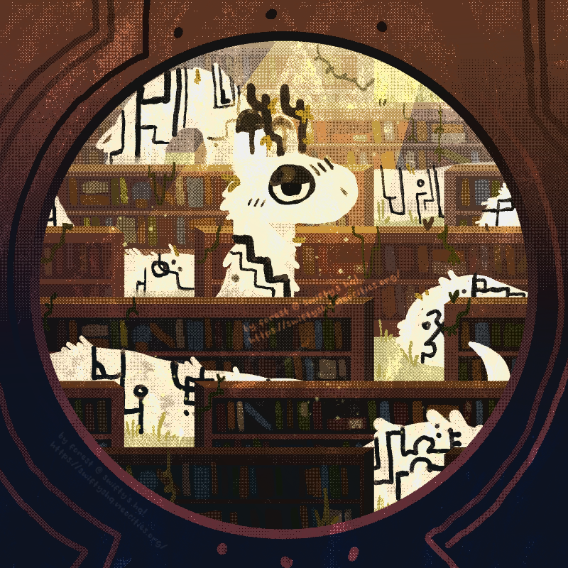 a square drawing surrounded by an engraved metal frame. there is a labyrinthine library, overgrown and decrepit. between the shelves is a long dragonlike creature, its head staring at the viewer with a languid expression. it has antlers, and its fur is black and white.
