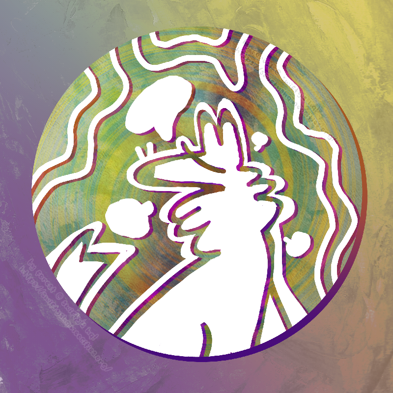 a white outline of a canine figure sits in the center of a large circular frame. there are speech bubbles around them, but they are blank. there are white ripples along the top edge of the frame, and very faint colorful swirls underneath the outlines. the entire piece has a texture overlay, and uses a rainbow palette.