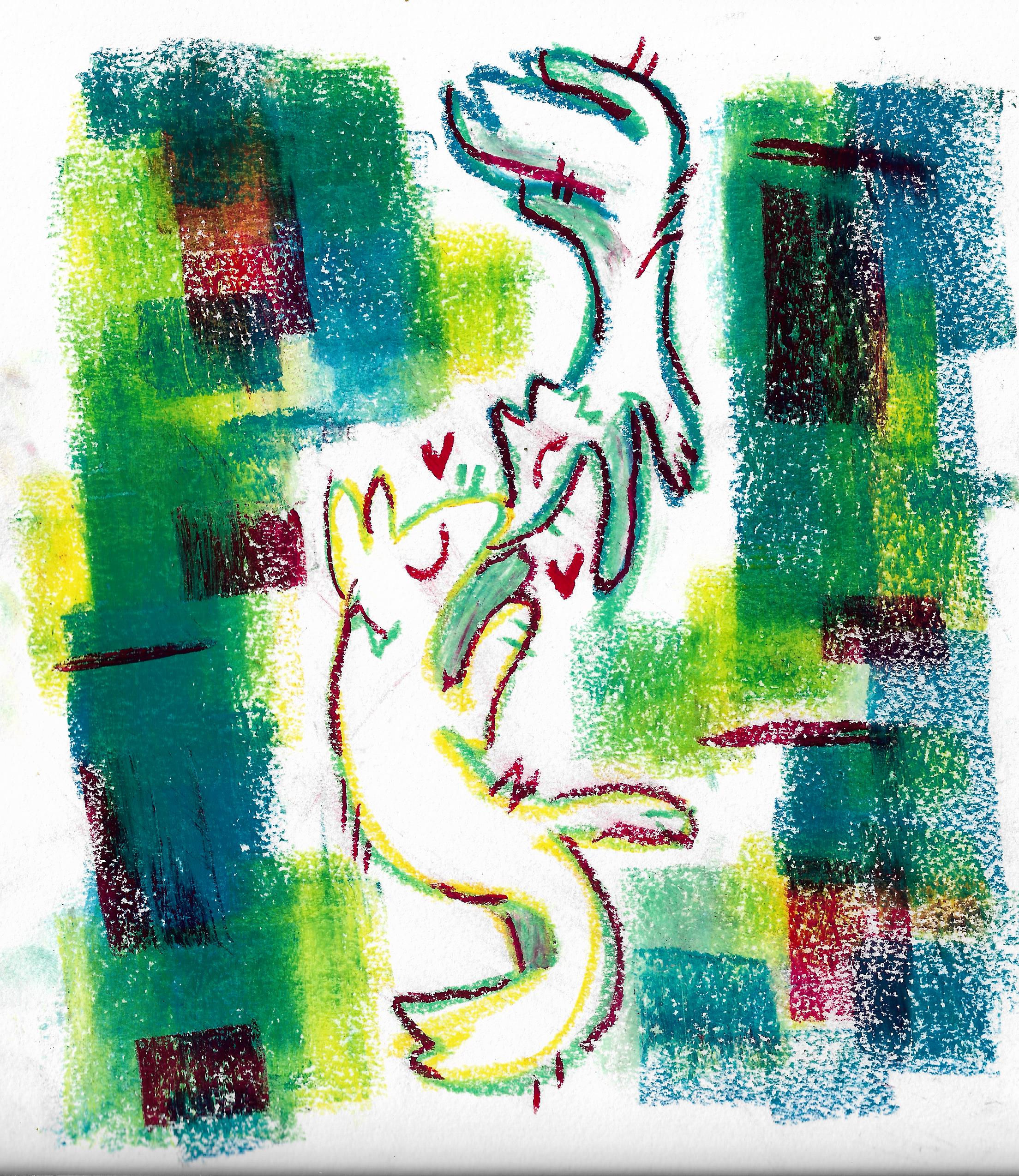 an oil pastel drawing mostly done in greens and yellows and blues, with some red accents. the drawing features two dogthings suspended in air, touching noses amidst a sea of colored squares. there are hearts around them.