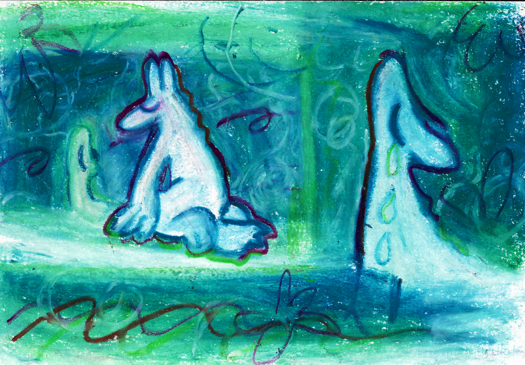 an oil pastel drawing that is predominantly blue, green, and white, with warm pink and orange accents. it features two dogthing figures. one is kneeling, with a more anthromorphic build, in front of a wall. a glowing silhouette is portrayed on the wall in front of them with a ghostly glow. on the right side of the image is what seems to be a closeup of the silhouette in a more substantial rendering style, with cartoony teardrops coming from its eye.
