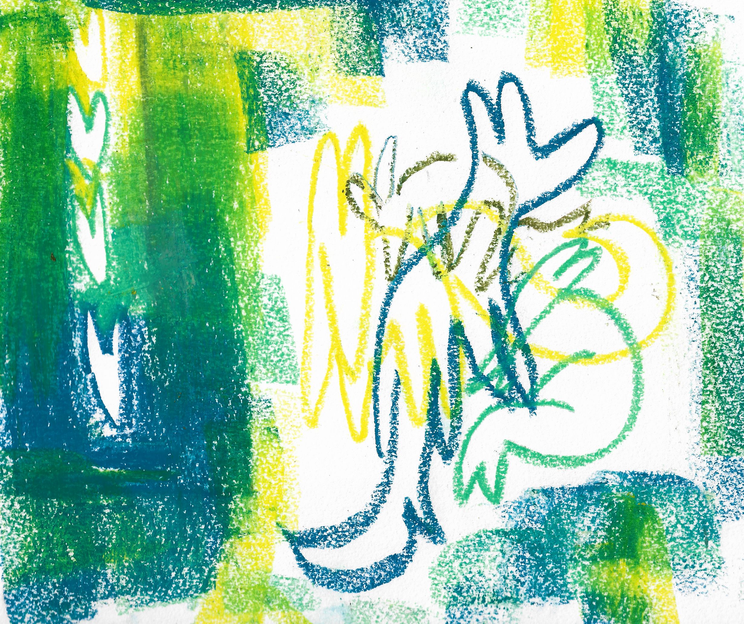 an oil pastel drawing in blues, greens, and yellows. four intersecting dogthings are twisted and piled on and around each other on the right side. on the left side are four dogthing heads in a vertical line, though they also look a bit like hearts.