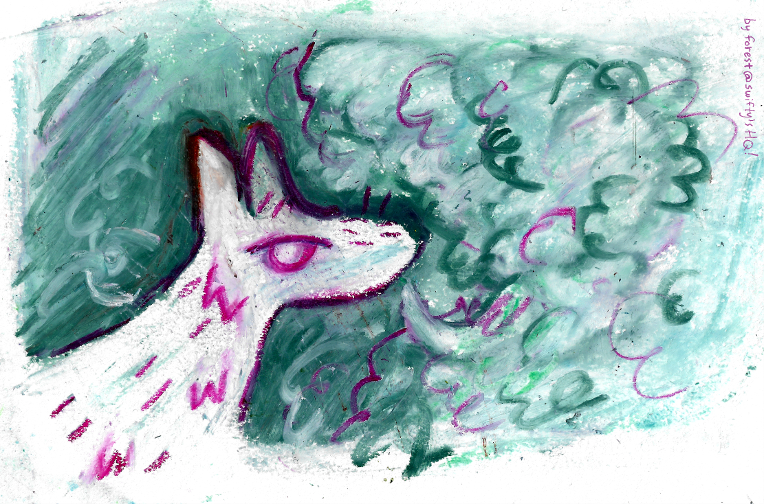 an oil pastel drawing of a white dogthing with pink fur hatch-marks, overlaid on a spruce green-blue backdrop. it is exhaling smoke from its (invisible) mouth.