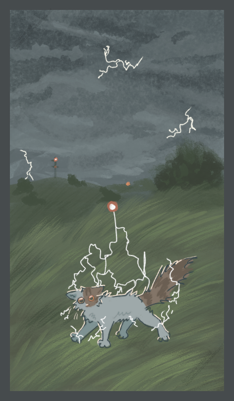 an orange and white bicolor cat is being shocked by a long thunderbolt. the scenery is a dark, stormy hillside, with red radio tower lights in the distance.