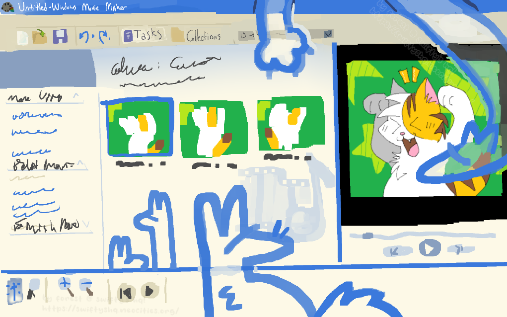 a painting of the ui layout for the old windows xp movie maker program. there are ghostly figures of dog creatures drawn over it, and are semi translucent over the things they overlap. the preview pane has a white and orange cat doing the caramelldansen on a green starry background.