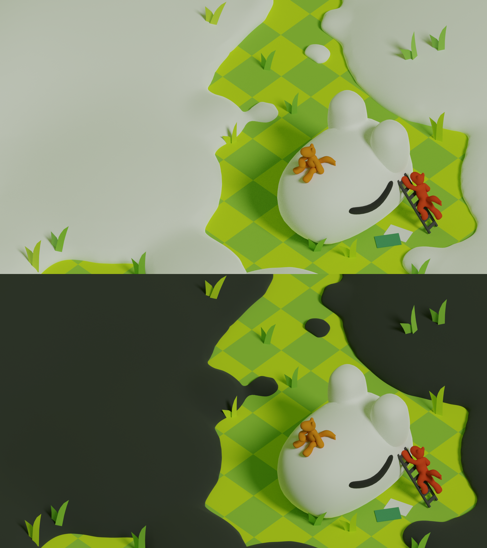 a 3d isometric view of two dogthing people working on a dogthing head, with one climbing a ladder and one sitting on its head. all around them are green checkerboard grass textures and white goop.