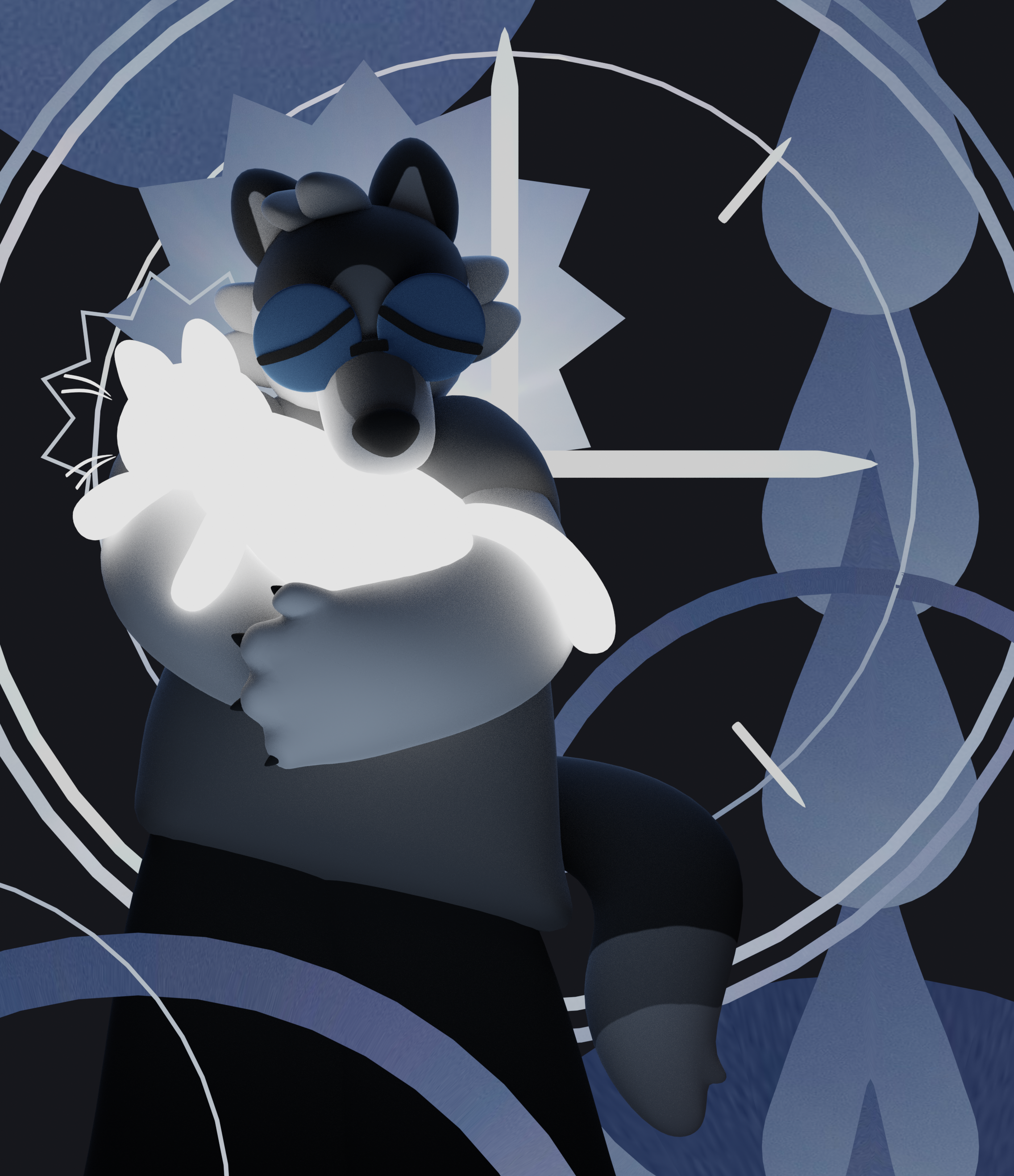 a dull gray and blue 3d render of a dog-wolf furry holding a glowing white silhouette of a cat. the background has motifs of teardrops, a clock, and halos around both subjects' heads.