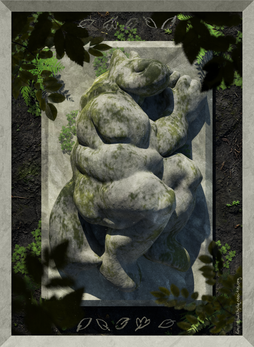 a 3d scene of a mossy overgrown stone-carved dogthing as viewed from above. leaves border the edge corners of the piece. the dogthing is resting on a stone slab, curled on its left side, and is carved with emphasis on its fat body. its eyes are closed. the piece is framed with a stone border.