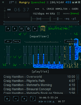 a caves of qud themed skin. it features pixel art depicting a grassy field with a pond in it. the top bar is stylized like the status bar in the game. the color palette is muted blue-green with bright colored accents