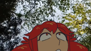 a shot of birdbrain teto from below, as she looks up at vivid green branches above her in wonder.