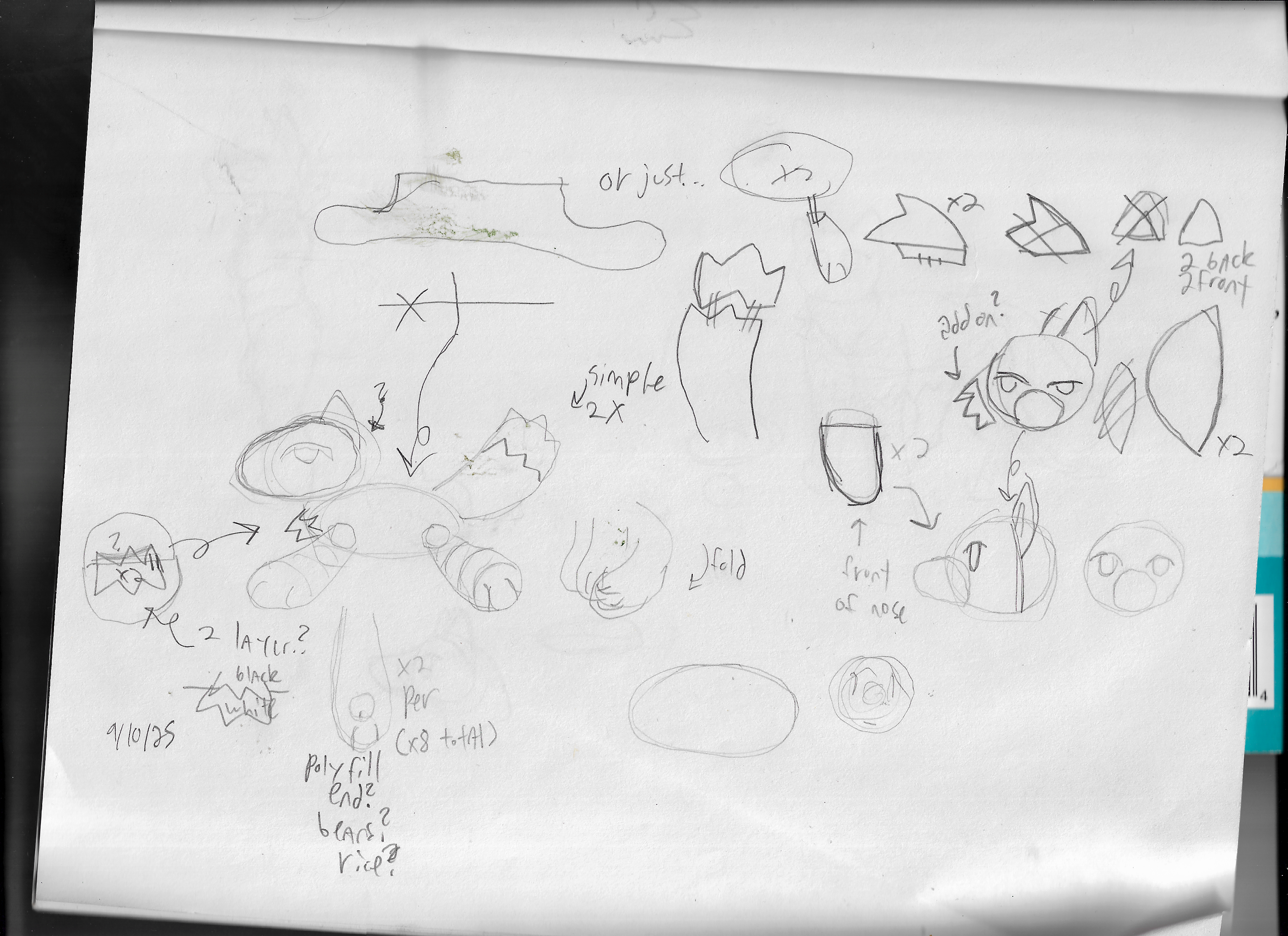 various angles and sketches of toby as a plushie, with paws stuck out and lots of shapes drafted.