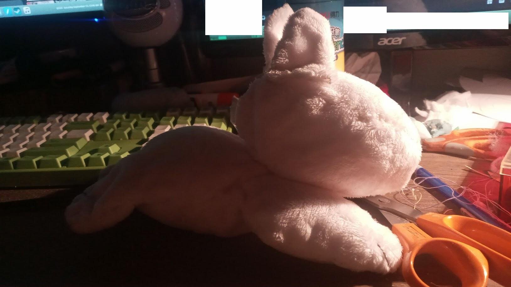 a half-stuffed dogthing, with giant head and strange fin-like ears on the top. it has no tail or facial features, and is lit by an offscreen lamp.