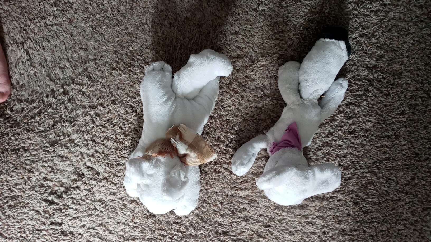the two plushies lying on the carpet one more time, but photographed from above. you can see the lumps in version one's tail a lot more.