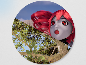 a circular-framed split-shot of dummy teto singing on one side towards the tree on the other side of the circle