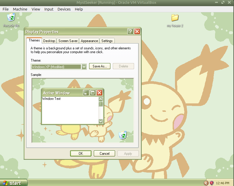 my windows xp vm, using promotional art from heartgold and soulsilver as my background depicting two pichus. the color scheme is olive.