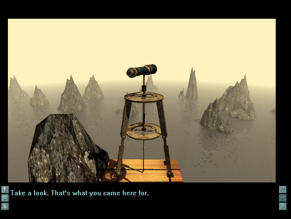 a screenshot showing a telescope atop a rocky mound overlooking cluttered rocky seas. text below reads: Take a look. That's what you came here for.