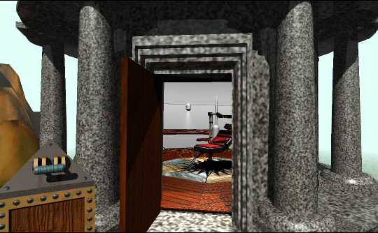 a multi-columned circular building with a switch lever in front. the door is open revealing a red dentist's chair in the center of a wooden floor.