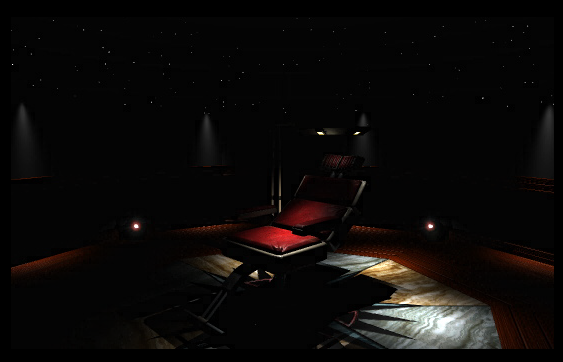 the red chair, dimly lit and surrounded in darkness pierced only by stars. there is a single overhead light that highlights the chair.