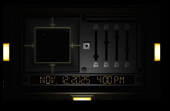 a panel made up of a square preview of the night sky and four scrollbar-styled options with a knob in each for selecting a date and time, which is displayed on an amber-lit display along the bottom. the date displayed is November 12, 2025, 4pm.