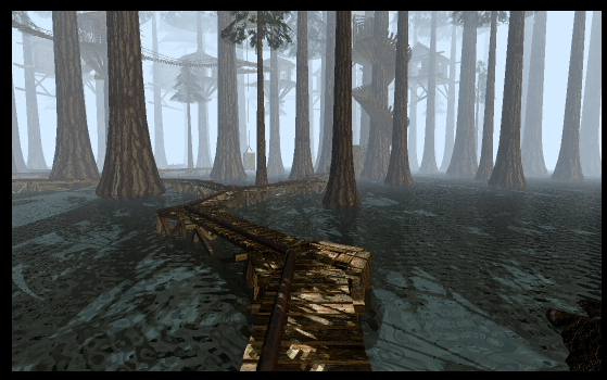 a POV shot standing on a pathway made of wooden plank that crosses over a watery ground. there are metal pipes crossing here and there, and very tall trees stretch above through the titular mist. in the distance one can see a bridge in the treetops and a large spiral staircase to the right side.