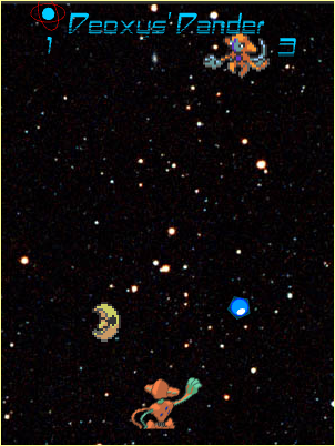 two deoxys oppose each other over a space background. a blue orb is being passed between them. lunatone is there too