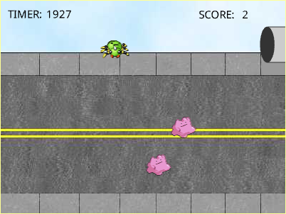 a spinarak hanging out on a sidewalk next to a road where ditto are passing through