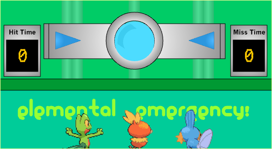 treecko, torchic, and mudkip stand in front of a blue circle display. on the left is a counter for hits and on the right is a counter for misses