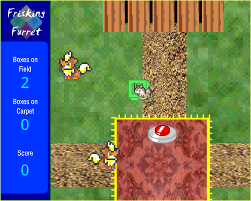 a furret is dragging a green box towards a red carpet. two roaming growlithes patrol a grassy field full of brown dirt paths and a log pile above.