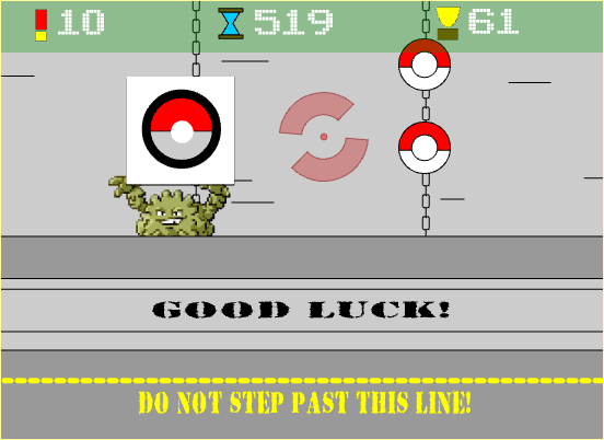 a simplistic shooting range with ammo, time, and hit counters along the top. the bottom has text that reads GOOD LUCK and DO NOT STEP PAST THIS LINE! a graveler walks in front holding a sign with a pokeball on it