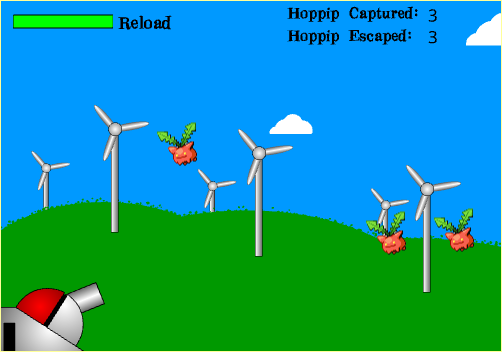 multiple hoppip floating along in front of wind turbines and grassy fields. a pokeball cannon is present on the left side.