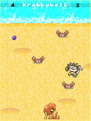 three krabbies and a kingler sit on a beach. a tiny purple clamperl is being launched up towards the ocean. the bottom shows you, a somewhat offscreen kingler with its claw outstretched.