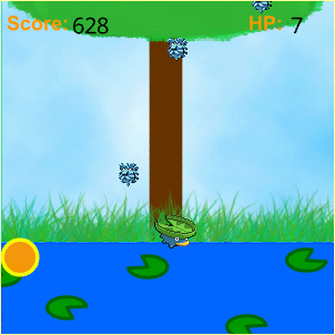 a lilypad-filled lake under a tree. a lotad is beneath the tree, catching falling pineco