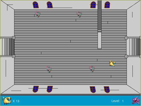 an aerial view of a mareep in a haunted house. there are misdreavus ahead of it, guarding a staircase down - or up maybe?