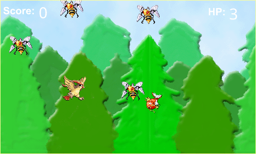 a sidescrolling forest with embossed trees, where a pidgeot sprite navigates through a bunch of beedrill to get magikarp