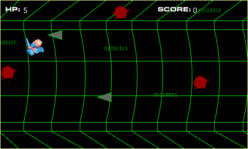 a porygon traverses a black background with green matrix-y number bits. there are dark red and green shapes approaching it