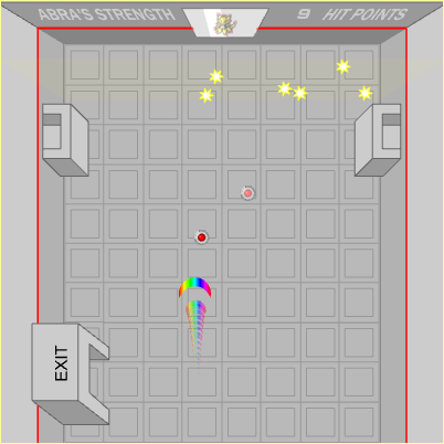 an abra sits behind glass within a gray brick facility. rainbow rays are arriving from below to try and break a somewhat-invisible light screen barrier