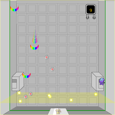 as before, but now with a counter in the top right and a wobbuffet on one of the pillars, and the playing field is reversed, so the rays come from above towards the abra below