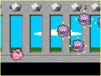 a jigglypuff stands on a metal road in front of three koffing