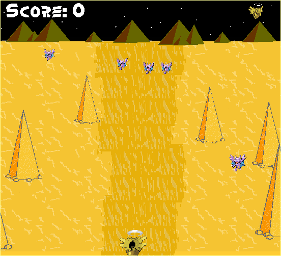 a shedinja in a desert facing many many many gligar sprites coming downwards