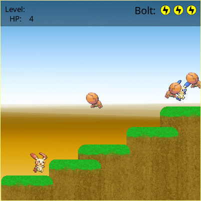 a plusle on a grass staircase, where minun is at the other side and trapinches are falling from above