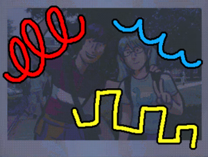 a faded-out fake photo of teto and miku standing together, with colorful scribbles in the foreground