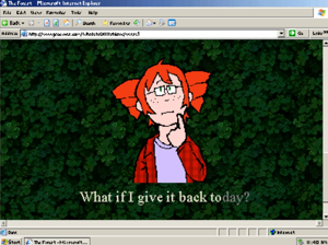 a screenshot of internet explorer with a leafy tiled backdrop featuring an illustration of a flannel-wearing teto, who looks thoughtful, subtitled: What if I gave it back today?