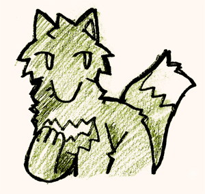 a half-body pencil drawing of a black fox with a white chest marking and tail tip. they have two whiskers on their muzzle and are raising one paw up, pointing towards their head.